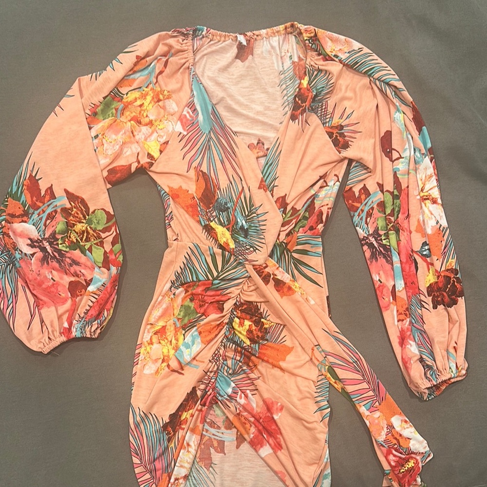 Tropical Floral Wrap Dress with Balloon Sleeves